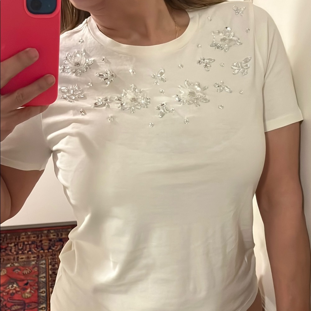 J. Crew Factory White Silver Embellished Short Sleeve T-Shirt